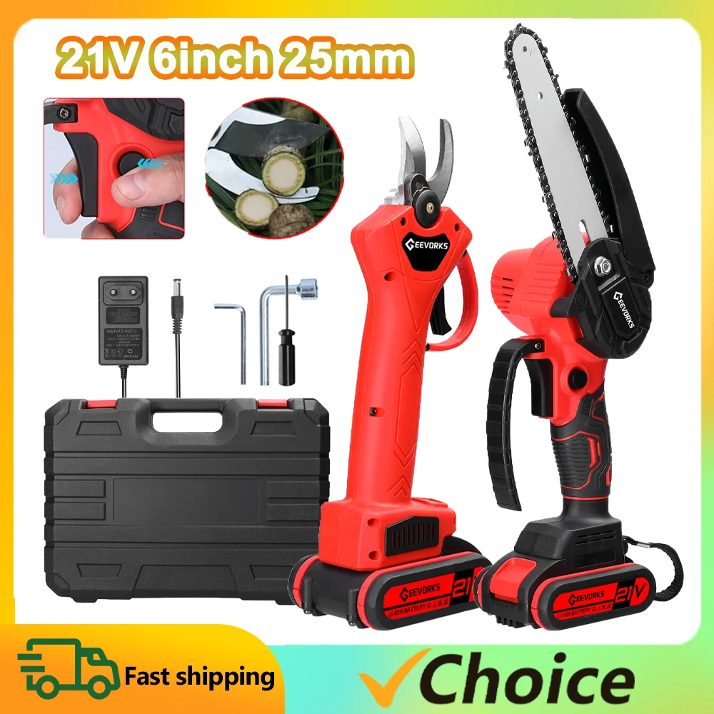 6 Zoll 21 V elektrische Kettensäge und 25 mm kabelloses Gartenschere-Set Holzspaltungsschneidemaschine Kit Handheld-Holzbearbeitungswerkzeug Image