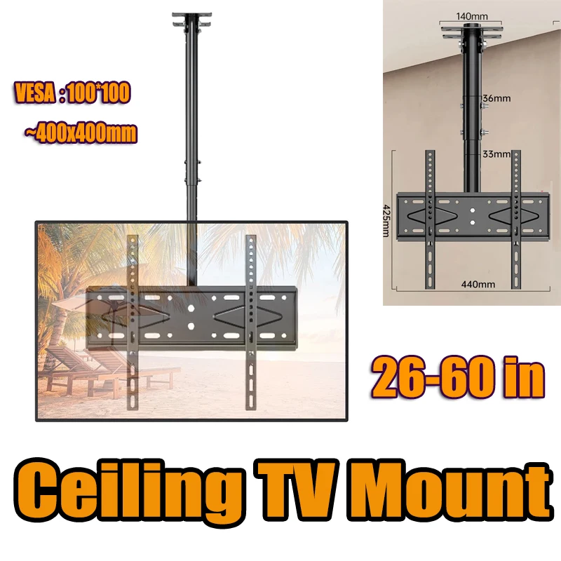 Decken-TV-Halterung, drehbar, neigbar, TV-Halterung für 26–60 Zoll LED-LCD-Monitor, 6 höhenverstellbare TV-Ständer, 400 x 400 mm, 40 kg Image