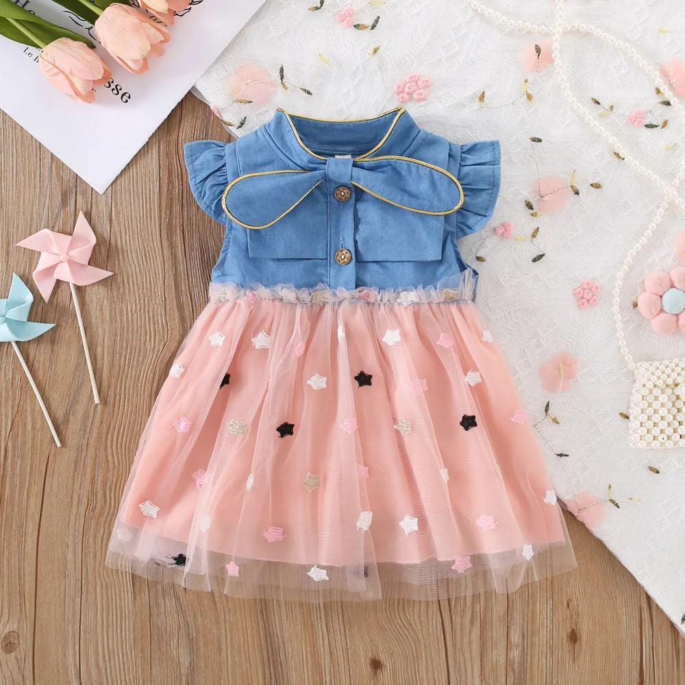 Sommer Neues Kleid 0-3 Jahre Altes Baby Mädchen Nette Krawatte Fliegende Ärmel Cowboy Mesh Stern Spleißen Puffy Prinzessin kleid Image