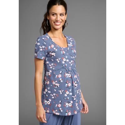 Umstandsshirt NEUN MONATE "Schwangerschafts- und Stillshirt in Wickeloptik", Damen, Gr. 36/38, blau (blau geblümt), Jersey, Obermaterial: 95% Baumwolle, 5% Elasthan, bedruckt, geblümt, modisch, V-Ausschnitt, Kurzarm, Shirts, Wickelshirt für...