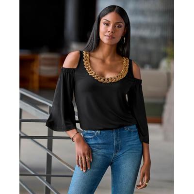 Boston Proper - Black - So Chic Cold Shoulder Heat Seal Chain Blouson - Large