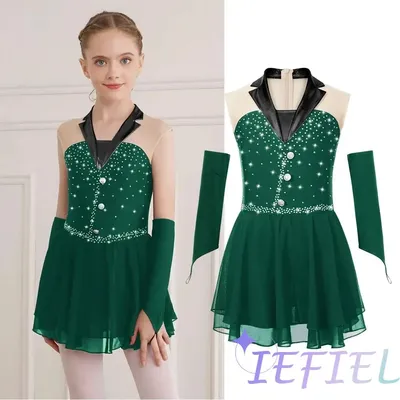 Kids Girls Fancy Figure Skating Dance Dress Ballet Gymnastics Latin Cha-cha Performance Dancewear with Built-in Briefs + Gloves