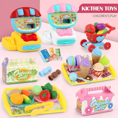 Cash Register Toys Play Calculator Cash, Play Money Ice Cream Vegetables Electronic Calculator