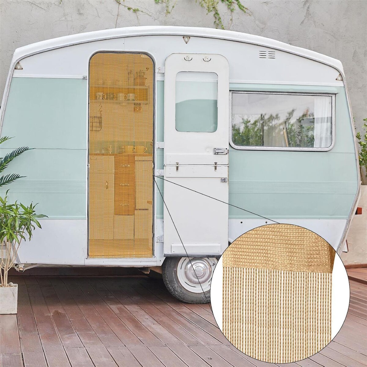 Bestlivings Fadengardine 56 x 185 cm, Fadenvorhang für Wohnwagen Gold plus Gardinenstange Image