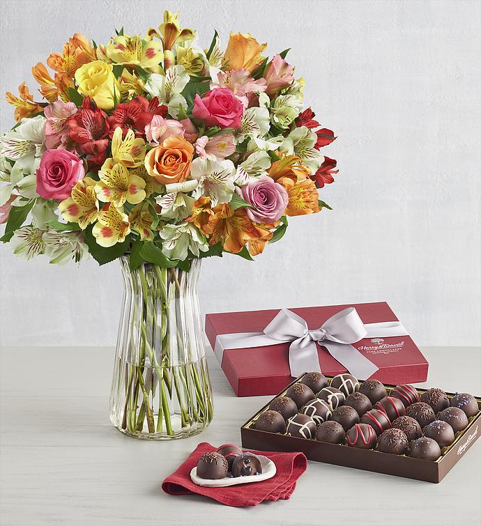 Dark Chocolate-Covered Luxury Collection With Assorted Roses & Peruvian Lilies, Family Item Food Gourmet Candy Confections Chocolate, Flowers by Harry & David