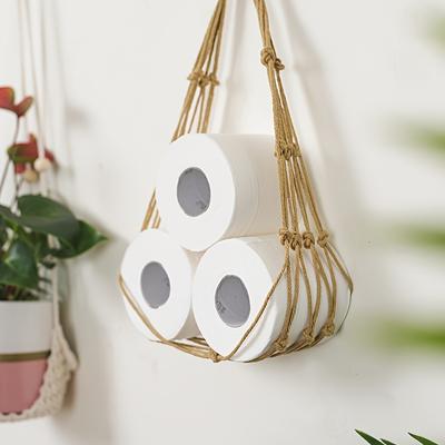 TEMU 1pc Hand-woven Toilet Tissue Storage Net Bag, Wall Hanging Tissue Roll Holder For Bathroom, Bathroom Accessories Image