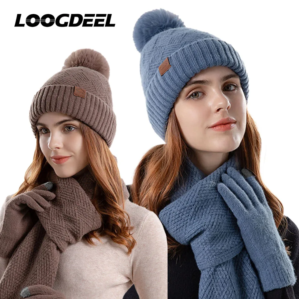 LOOGDEEL 3 Teile/satz Winter Beanie Hut Schal Touchscreen Handschuhe Set Frauen Wärme Stricken Fleece Gefüttert Leder Label Pelz Ball Kappe
