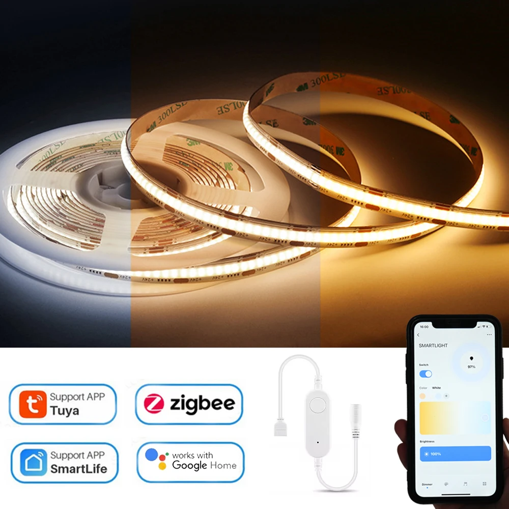 Tuya Zigbee COB CCT LED Streifen Licht 12V 2m 3m 5m 10m Flexible Dimmbare Schrank schrank Dekor Lampe für Alexa Google Assistent Image