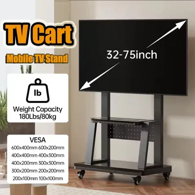 Universeller mobiler TV-Wagen, höhenverstellbarer rollender TV-Ständer 32–75 Zoll TV, tragbarer Boden-TV-Ständer mit Stahl-Regallochplattform