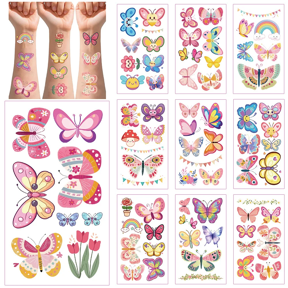 10 Blatt Schmetterlings-Fake-Tattoo für Mädchen, wasserdicht, Meerjungfrau-Design, temporäre Tattoo-Aufkleber, Körperdekoration, Geburtstagsparty-Geschenke Image