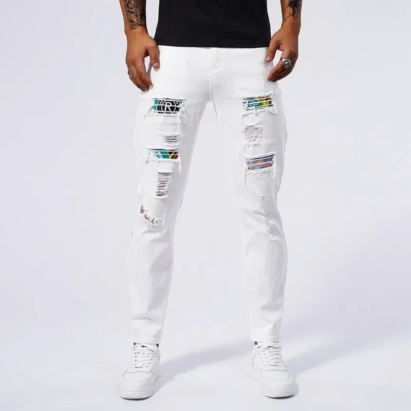 Weiß 97% Baumwolle Jeans Männer Kleidung neue zerrissene schlanke Patchwork Mode Loch dünne Elastizität Jeans hose männliche Streetwear