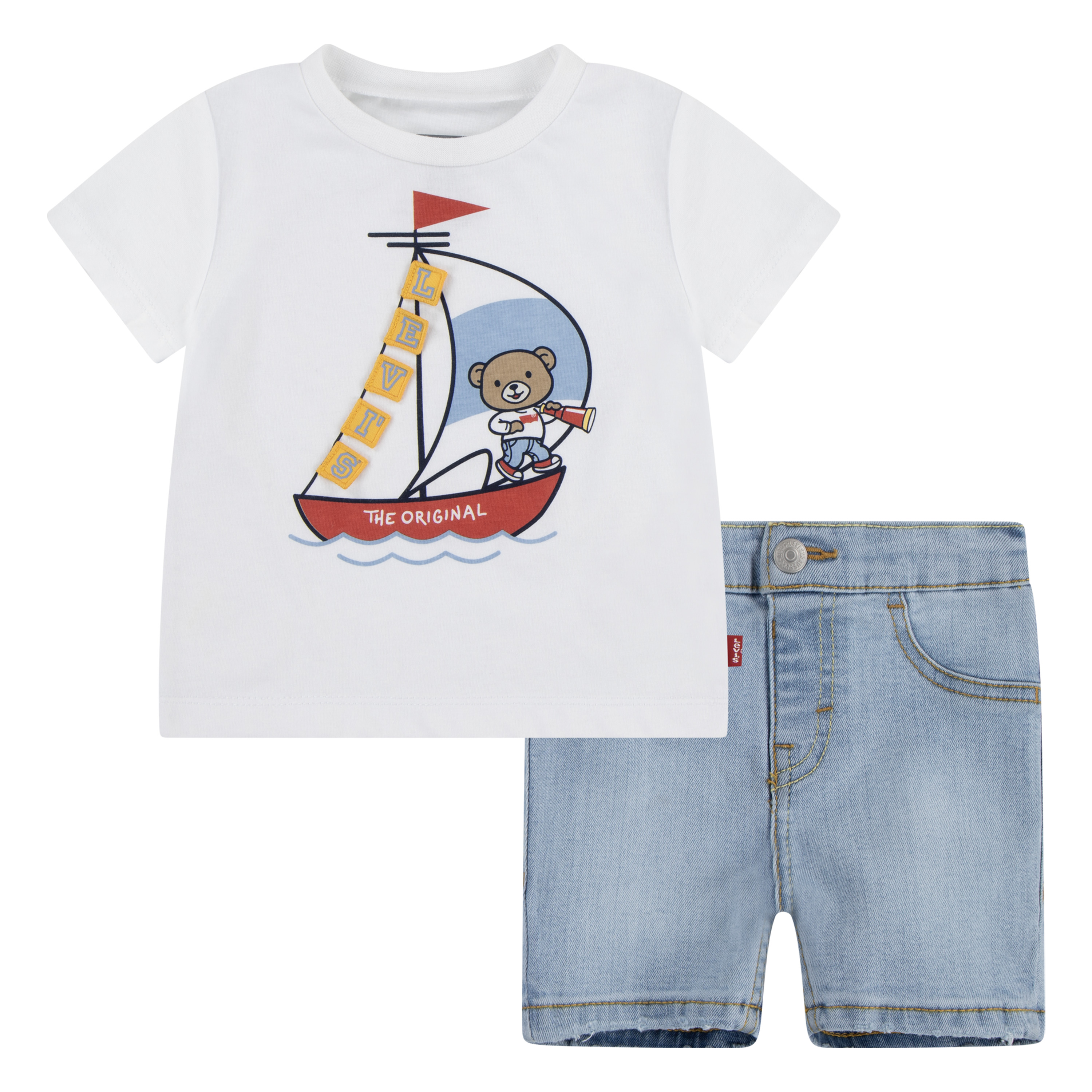T-Shirt & Shorts LEVI'S KIDS "LVB LEVI 3D SAILING DENIM SET", Baby, Gr. 36M (98), weiß (hellweiß), Obermaterial: 60% Baumwolle, 40% Polyester. Obermaterial Hose: 54% Baumwolle, 27% Polyester, 17% Viskose, 2% Elasthan, bedruckt, KOB Set-Artikel, mit... Image