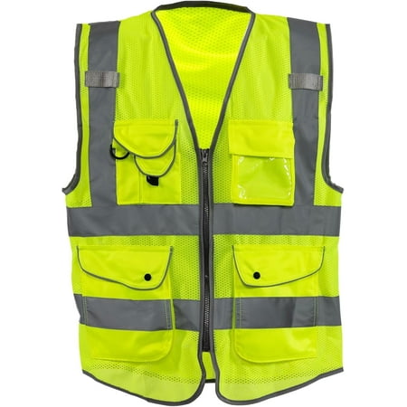 NEIKO Safety Vest with Pockets 9 Pocket High Visibility Vest Reflective Strips Zipper Front Reflective Vest For Men & Women Work Vest Security Vest Hi Vis Mesh Neon Yellow Vest Large 54061A