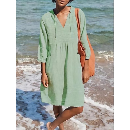 Damen Midikleid Baumwoll Mischung Shiftkleid Freizeitkleid Basic Lässig Täglich Urlaub Normale Passform Einfach Dreiviertelarm V Ausschnitt Schwarz Weiß Hellgrün Leicht Blau Sommer Image