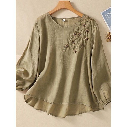 Damen Hemd Bluse Kunstbaumwollleinen Bestickt Einfarbig Basic Lässig Langarm Rundhalsausschnitt Normale Oberteile Täglich Weiß Rosa Fuchsie Grün Sommer Frühling Image
