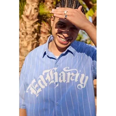 Ed Hardy UO Exclusive Rose Outline Stripe Shirt - Blue XL at Urban Outfitters