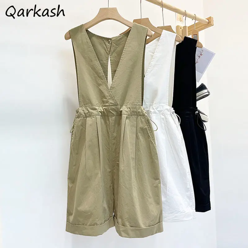 Strampler Frauen M-4XL Solide Alle-spiel Ärmellose Sommer Tunika Einfache Hohe Taille Feminine Koreanische Street Style V-ausschnitt Vintage Täglichen Image