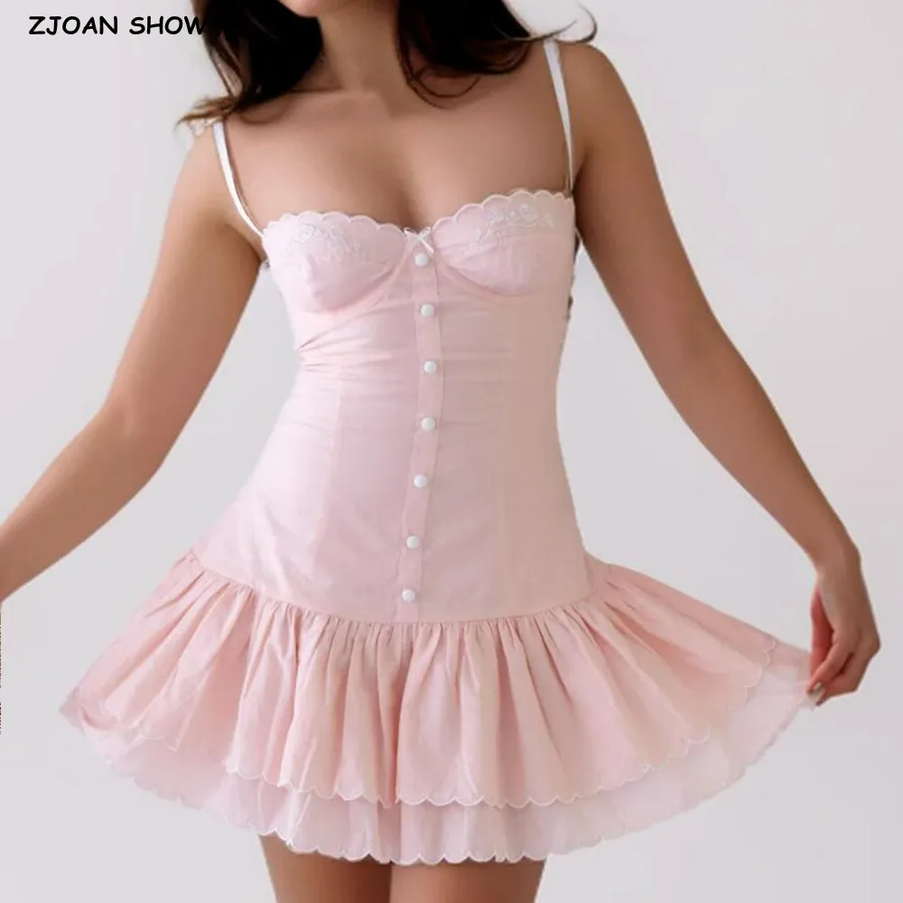 2025 Rosa Stickerei Blumen BH Korsett Stil Sling Kleid Frauen Kreuz Schnürung hinten 2 Schichten Saum Party Skater Minikleider Robe