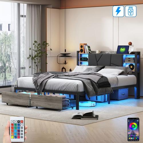 Doppelbett 180x200 cm, mit 2 Schubladen, led, USB-Anschluss, Ablagen, Lattenrost, Metallrahmen,