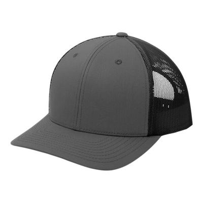 Sport-Tek STC39 Customizable Graphite / Black 6-Panel Trucker Cap with Mesh Back - Structured, High Profile