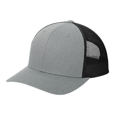 Sport-Tek STC39 Customizable Heather Gray / Black 6-Panel Trucker Cap with Mesh Back - Structured, High Profile