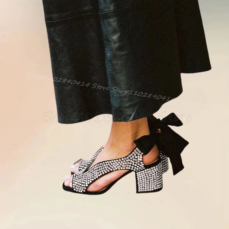 Silber Strass hohl Design offene Zehen Sandalen Rücken Riemen Frauen Schuhe klobige High Heels Party Bankett 2024 Zapatos Para Mujere