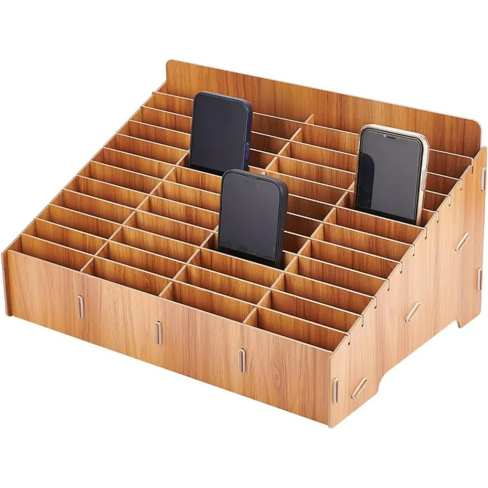 48-Gitter-Handy-Aufbewahrungsbox aus Holz, Handy-Halter, Schreibtisch-Organizer aus Holz, Zubehör, geeignet für Klassenzimmer, Büro, Zuhause Image