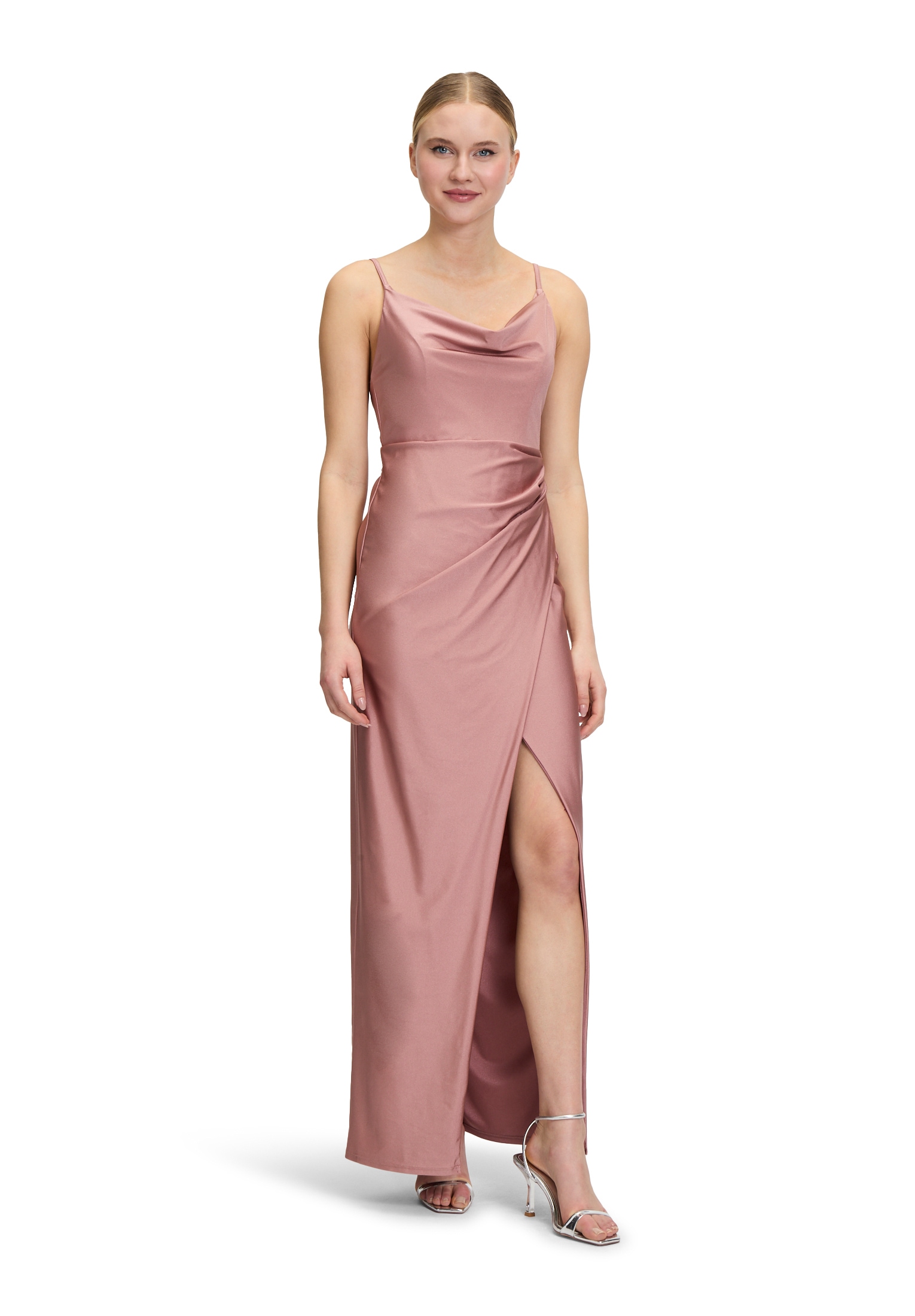 Abendkleid VERA MONT "Damen figurbetont", Damen, Gr. 44, Normalgrößen, rosa (powder rosewood), Satin, Obermaterial: 81% Polyamid, 19% Elasthan; Besatz: 100% Polyamid; Futter: 100% Polyester, figurbetont lang, Wasserfallausschnitt, Kleider...