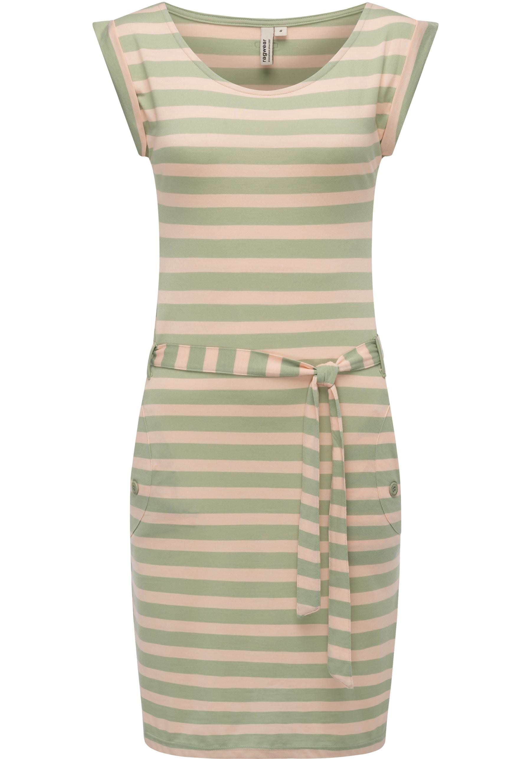 Sommerkleid RAGWEAR "Tagg Stripes", Damen, Gr. L (40), Normalgrößen, grün (hellgrün), Material: 50% Viskose, 50% Polyester, figurumspielend ca. Mitte Oberschenkel, tiefer Rundhals, Ärmel ohne Ärmelschlitz, Kleider Sommerkleid, gestreiftes Damen...