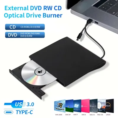 2-in-1 USB 3.0 Type-C DVD Burner External Recorder Portable Slim CD-RW DVD-ROM Optical Drives Writer