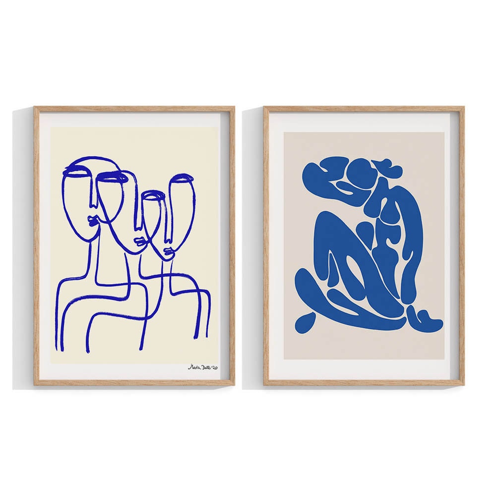 Set di 2 stampe, quadri incorniciati, stile Matisse, scandinavo, arte moderna blu, stampe A2, set di 2 poster, alta risoluzione