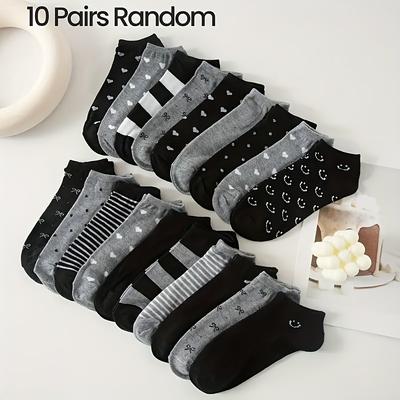 TEMU 5-pack/10-pack/20-pack Women's Low-cut Socks, Trendy Spring And Summer Style, Striped Heart Dot Pattern Casual Sports Socks In Black And Gray, Simple And Versatile For All , Random Styles Image