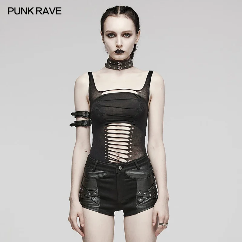 Punk Rave Frauen Punk elastisches Garn aushöhlen Design Tanktops Gothic täglich schwarz personal isierte coole T-Shirts Weste Sommer