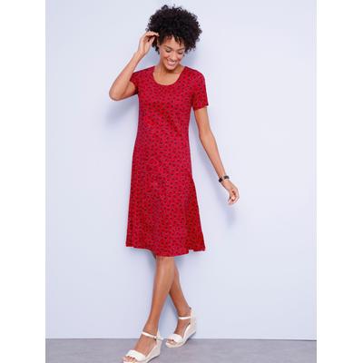 Jerseykleid CLASSIC BASICS "Jersey-Kleid", Damen, Gr. 46, Normalgrößen, rot (erdbeere, ecru, bedruckt), Jersey, Single Jersey, 100% Baumwolle, gemustert, mehrfarbig, bedruckt, knielang, Kurzarm, Kleider Image
