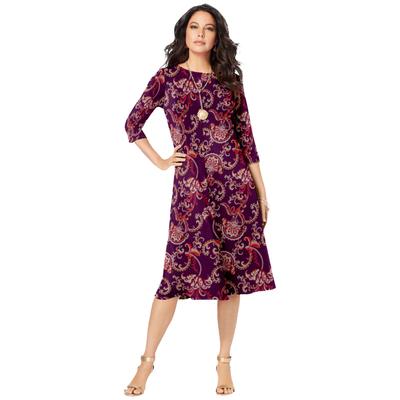 Plus Size Women's Ultrasmooth® Fabric Boatneck Swing Dress by Roaman's in Dark Berry Fan Floral (Size 26/28)