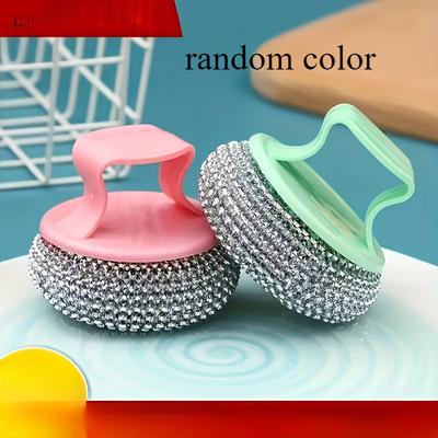 TEMU 2pcs/stainless Steel Sponge Handle Scrub Bru Nsh Kitchen Cleaning Tool, On-scratch Nano Wire Detachable Stain Removal Ball For Home Use, No Residue Cleaning Brushp Image