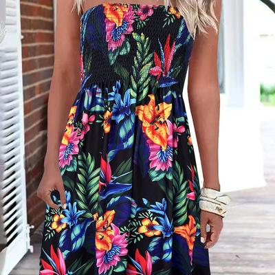 TEMU Women's Bohemian Floral Print Strapless Smock Dress - High Elasticity Machine-washable Beach Dress With Ruching, Vibrant All-season Casual To Evening Wear Image
