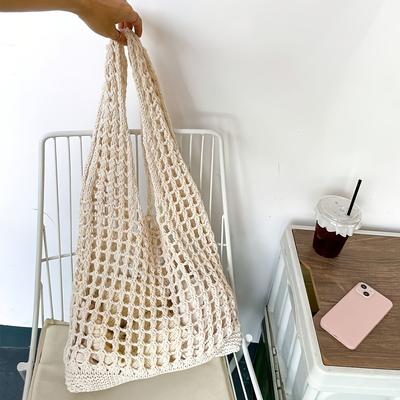 TEMU Chic Bohemian Crochet Tote Bag For Women - Stylish Summer Beach Shoulder Bag With Hollow Out Woven Design In Khaki/ivory, Casual And Relaxed Occasions, Beach Bag Image