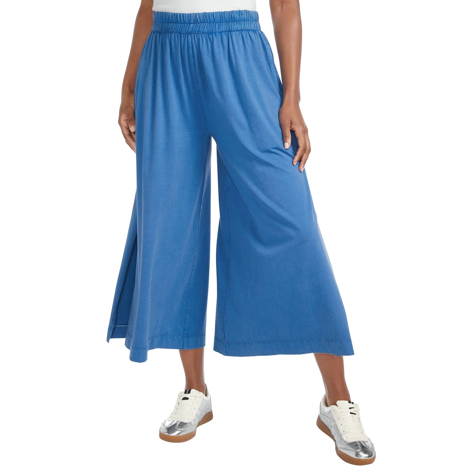VEVO ACTIVE Cropped Wide Leg With Side Slit (Size M) Lapis Blue, Cotton,Elastine