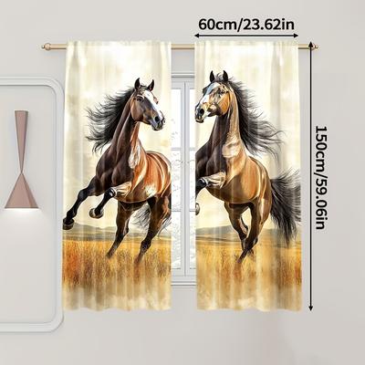 TEMU 2pcs Horse Print Light-filtering Curtains, 100% Polyester, Rod Pocket, Hand Wash, Woven Roller Embossed, For Bedroom & Living Room Decor - Contemporary Style Image