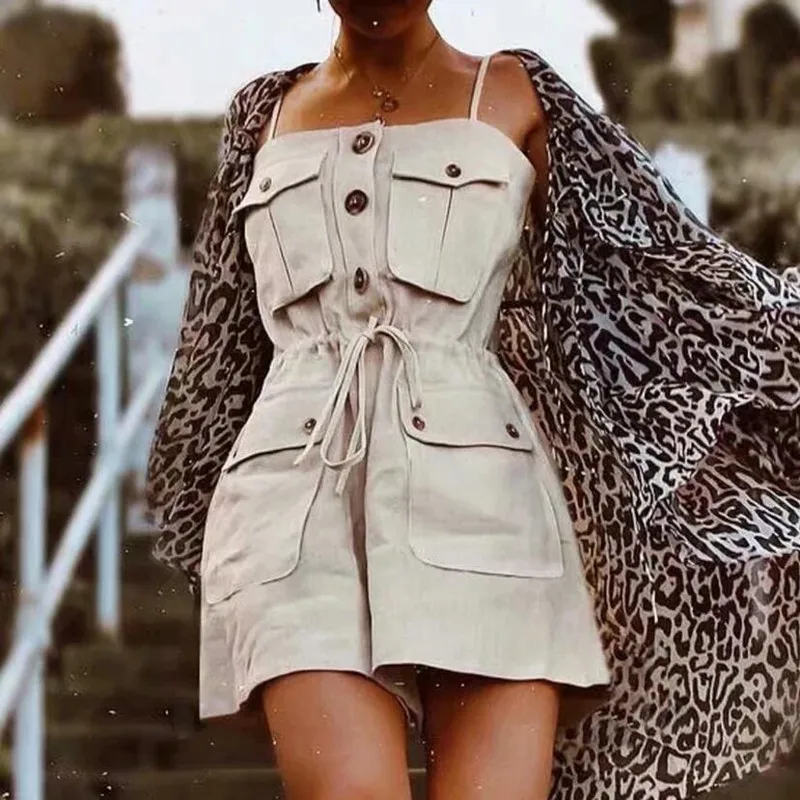 2019 Safari Stil Spaghetti Strap Overall Frauen Öffnen Taste Schnürung up Bogen Taille Kurzen Hosen Romper Baumwolle Leinen Playsuits Image