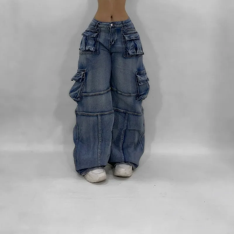 Amerikanische Hip Hop Neue Große Tasche Baggy Casual Jeans Frauen Y2K Gothic Vintage Joker Mode Hohe Taille Breite Bein Denim Hosen