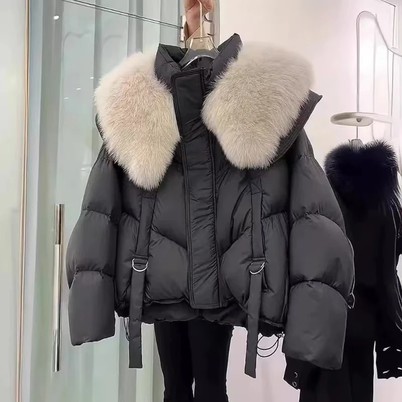 Neue Koreanische Mode Pelz Kragen Winter Frauen Schwarze Jacke Damen Vintage Kurze Warme Puffer Mantel Weibliche Parkas Oberbekleidung 2025 Tops