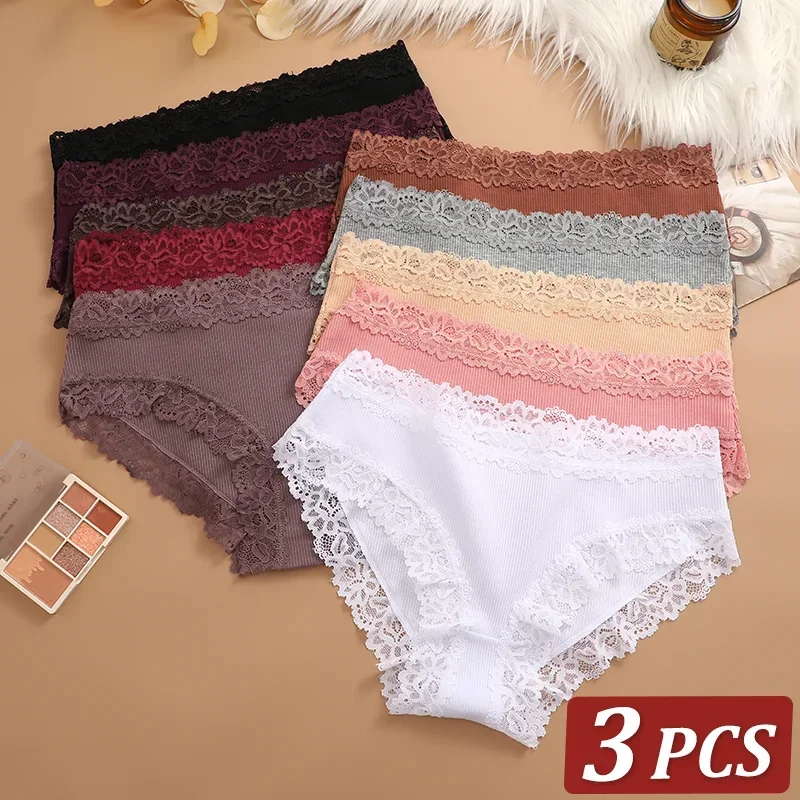 3Pcs Sexy Cotton Lace Panty Women Low Waist Panties Underwear S-XL Solid Color Ladies Briefs Lingere Underware Comfortable Women Image
