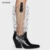 2025 frauen Cowboy Stiefel Chunky Ferse Mode Niet Spitz Western Kniehohe Stiefel Für Frauen Weibliche Schuhe Plus größe 44