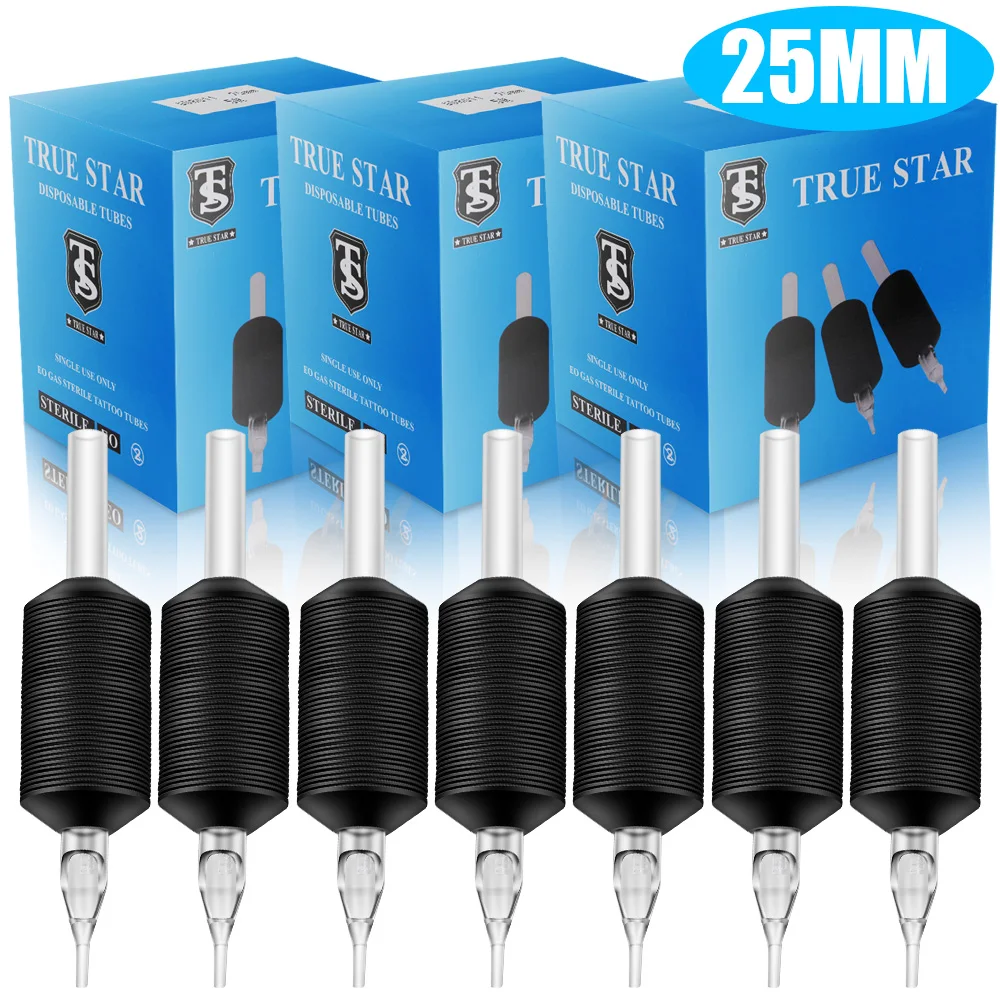 20 Stück 25 mm Einweg-Tattoo-Griffe aus sterilisiertem Silikon mit transparenten langen Spitzen, runde Tattoo-Schlauchspitzen, Griffe 3R 5R 7R 9R 11R Größe Image