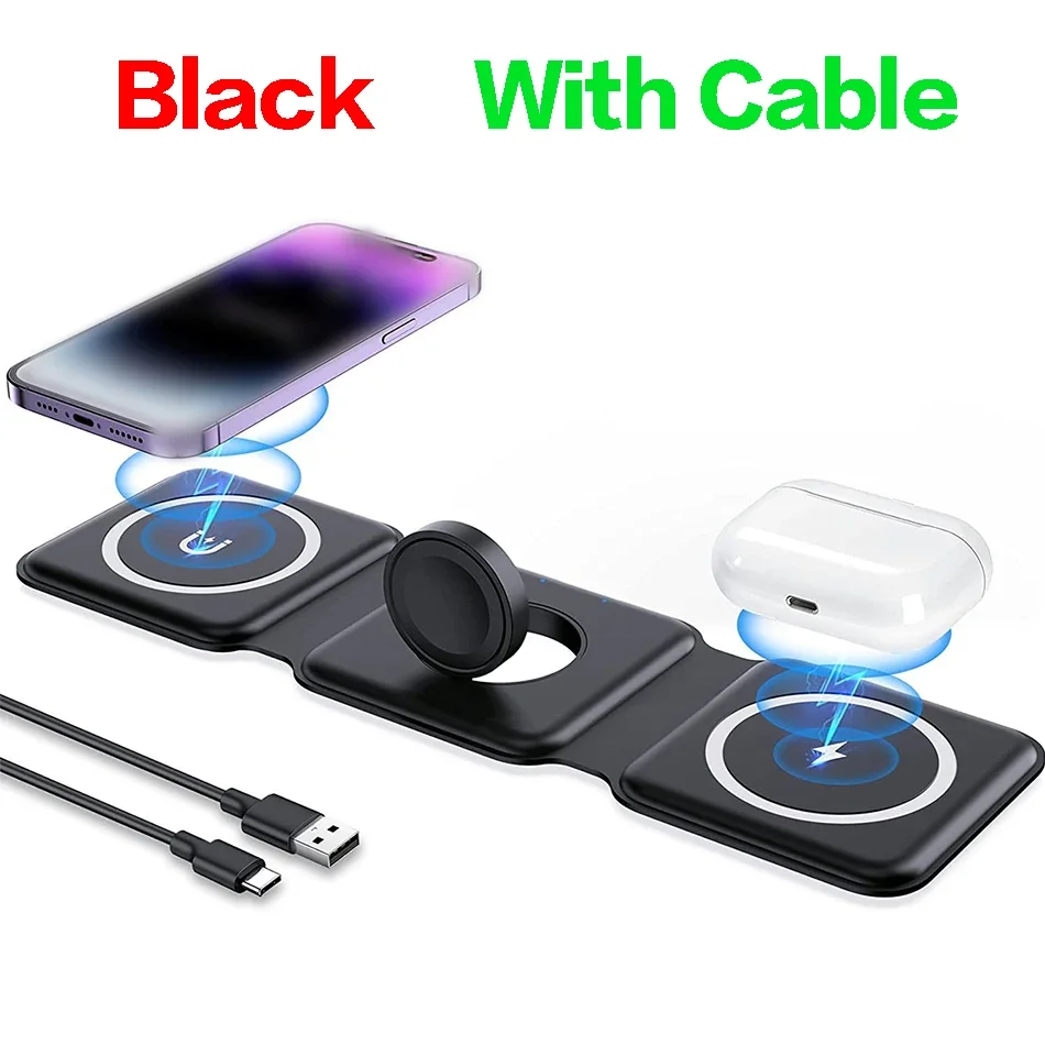 Supporto per caricabatterie wireless pieghevole 3 in 1 da 15 W per iPhone 15 14 13 12Pro Max Airpods iWatch Dock station di ricarica wireless veloce