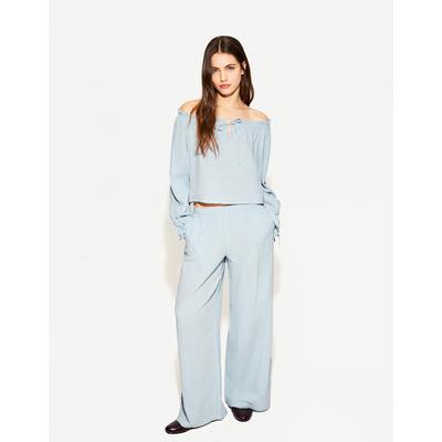 Bershka Off-The-Shoulder Blouse With Tie Detail Women L Light Blue