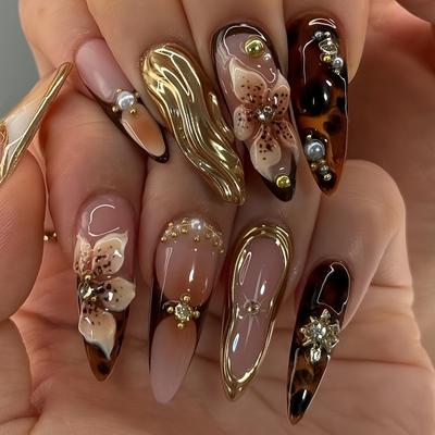 TEMU 24pcs Almond-shaped 3d Pure Desire Flower Glitter Rhinestone Fake Nails Set With Nail File And Jelly Adhesive For Easy Application Suitable For All Women And S Image