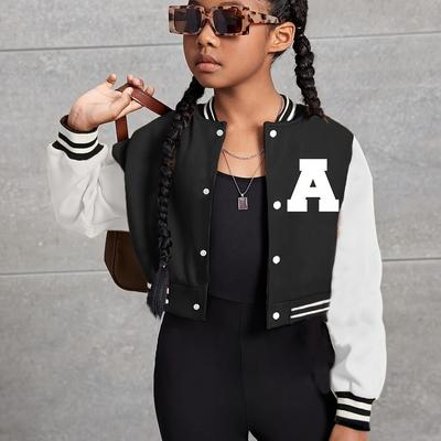 TEMU Girls' Letter A Baseball Collar Jacket, Fall/winter, Polyester Fabric, Regular Fit Image